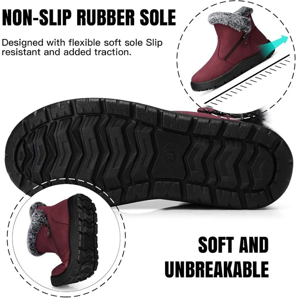Women's Waterproof Snow Boot Warm Ankle Fur Lined Booties Insulated Shoes Red - Picture 5 of 6